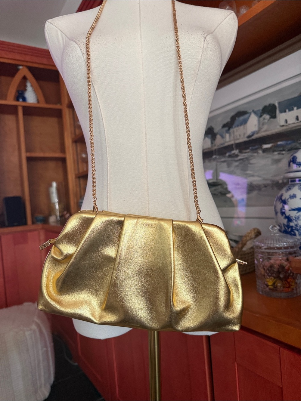 Gold Metallic Pleated Shoulder Crossbody Clutch Convertible Bag